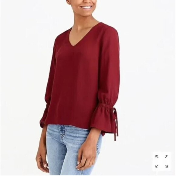 NEW J. Crew Mercantile Burgundy Red Bow Bell Sleeve V-neck Blouse Top Size 0 - Picture 1 of 14